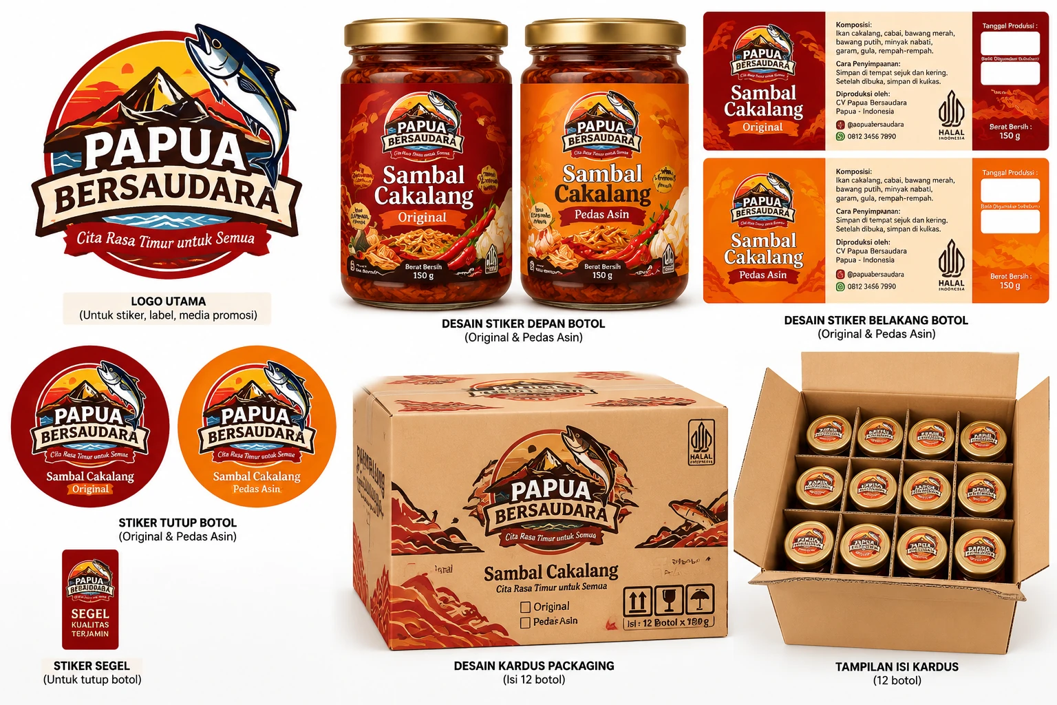 Branding board Papua Bersaudara: logo, kemasan Original dan Pedas Asin, label, dan kemasan dus